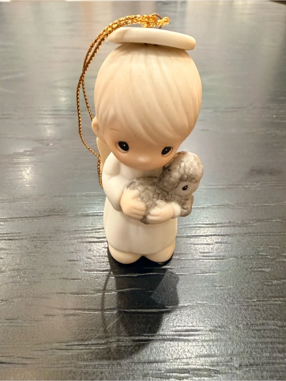 Vintage Precious Moments Angel Ornament in Cream and Gray with Gold Cord (1986)